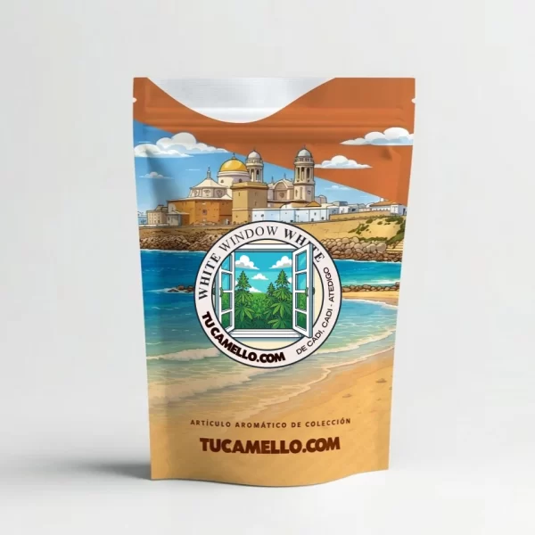 Packaging de flor White Window con CBD 0.86%, CBDA 13.89% vendido por tucamello.com.