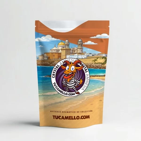 Packaging de flor Crystal Amnesia con CBD 1.46%, CBDA 24.71% vendido por tucamello.com.